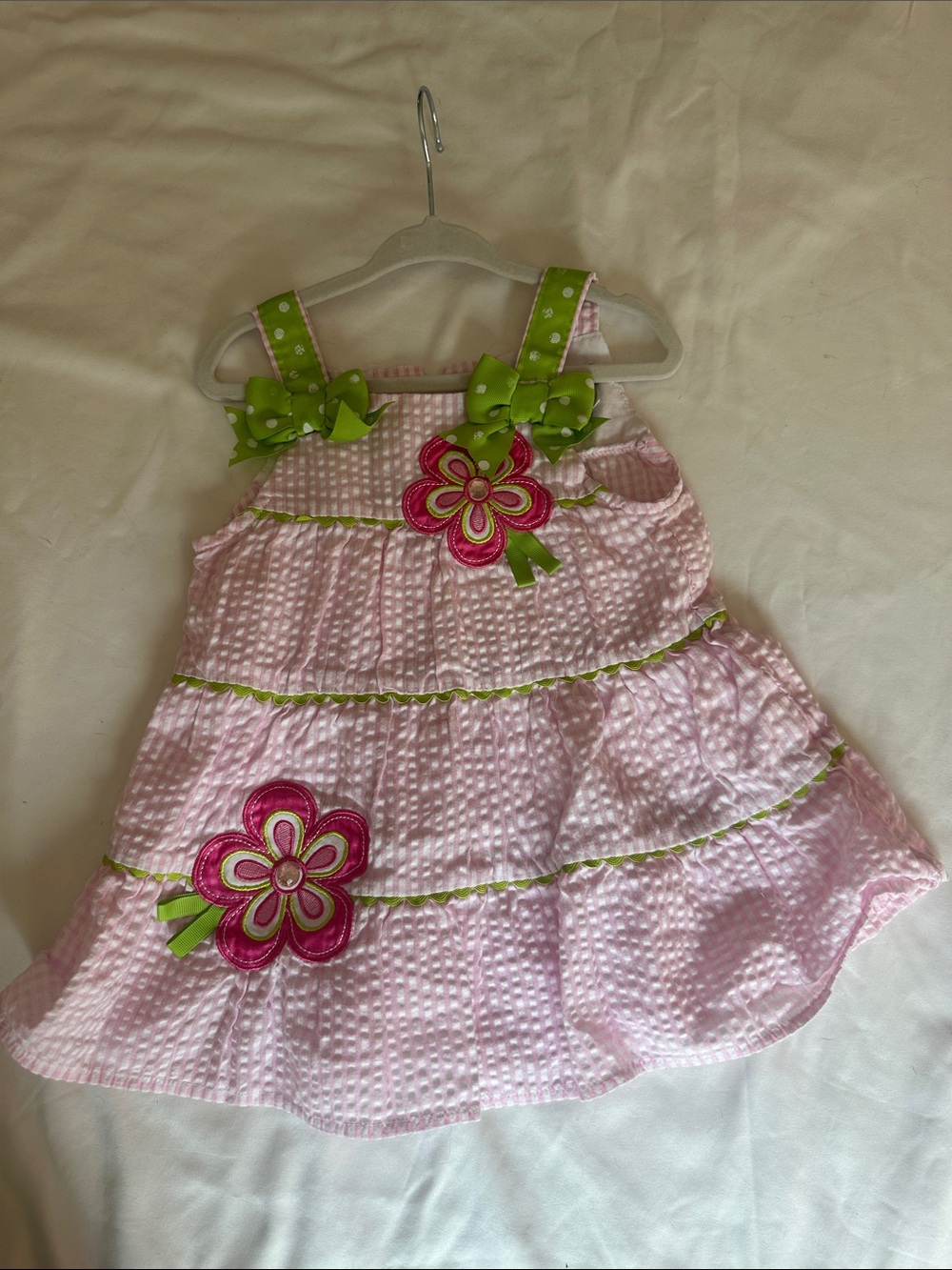 Pink Seersucker Dress with Green Ribbon Trim